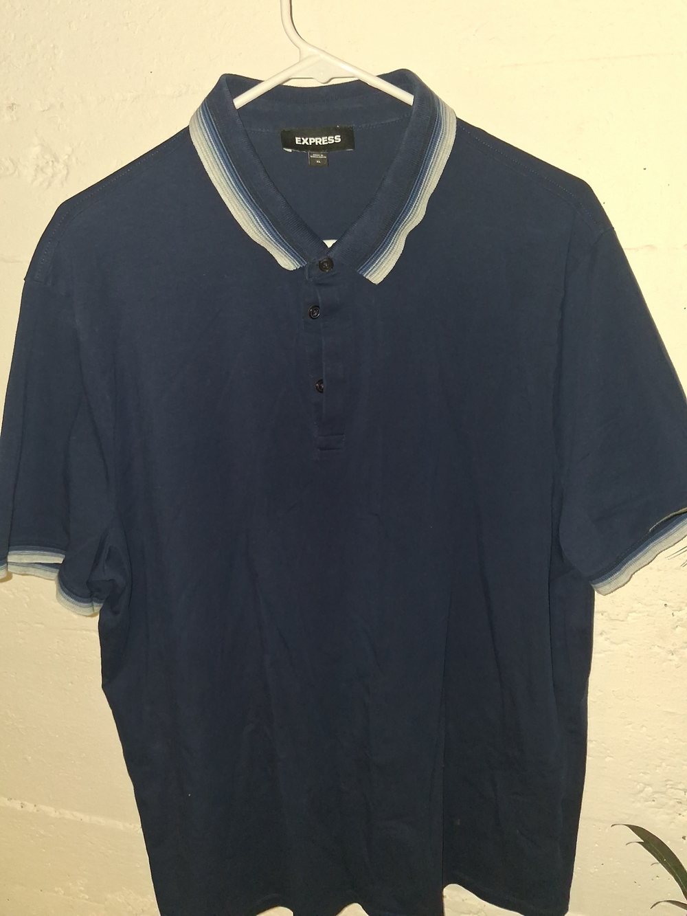 Express Men's Navy Polo with Light Blue Striped Collar